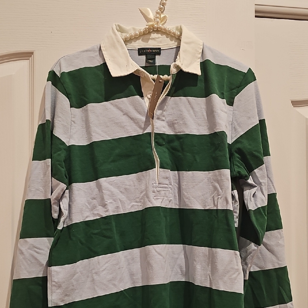 Green and White Striped Rugby Shirt